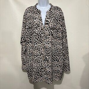 Calvin Klein 2X Leopard Animal Print Button-Front Tunic Top V-Neck Long-Sleeve